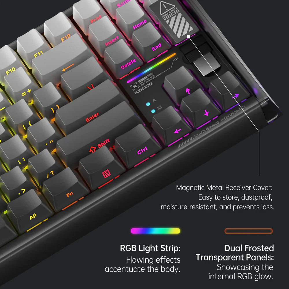 Machenike K600E-B87W Tri-mode GR Silver Switch RGB Side Printed Grey - Image 3