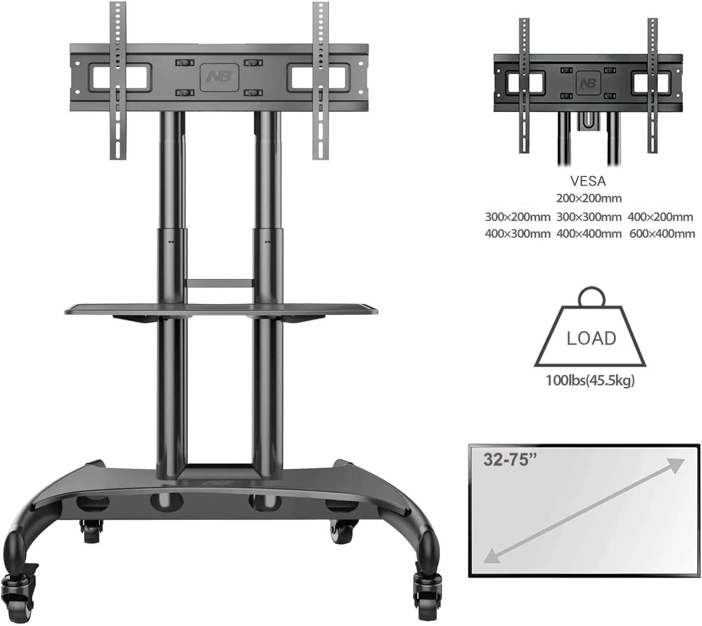 NB North Bayou AVA1500-60-1P TV Cart Rooling TV Stand with Wheels for 32 to 75 Inch (Black) - Image 4