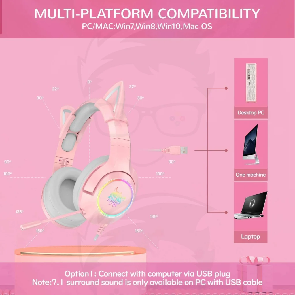 Onikuma K9 Wired RGB Gaming Headset - Pink - Image 3