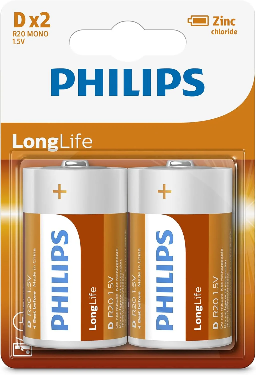 Philips D-Batteries - R20L2B - Battery Pack of 2 - Zinc Chloride Technology - 3 Year Shelf Life - 1.5V