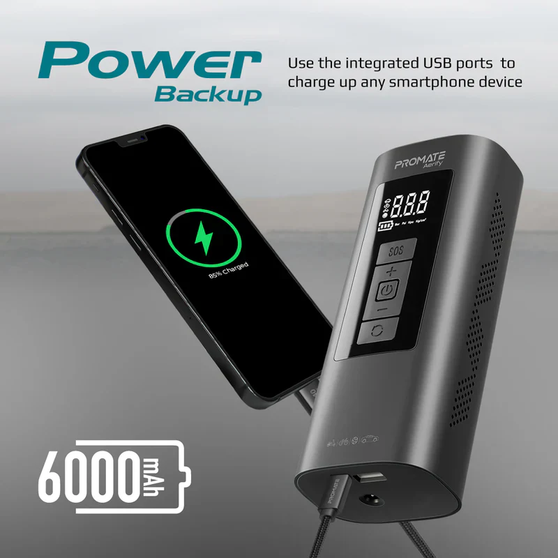 Promate Aerify 4-in-1 Compact Electric Air Pump w/ 6000MaH Power Bank 150PSI LED Light - Image 5