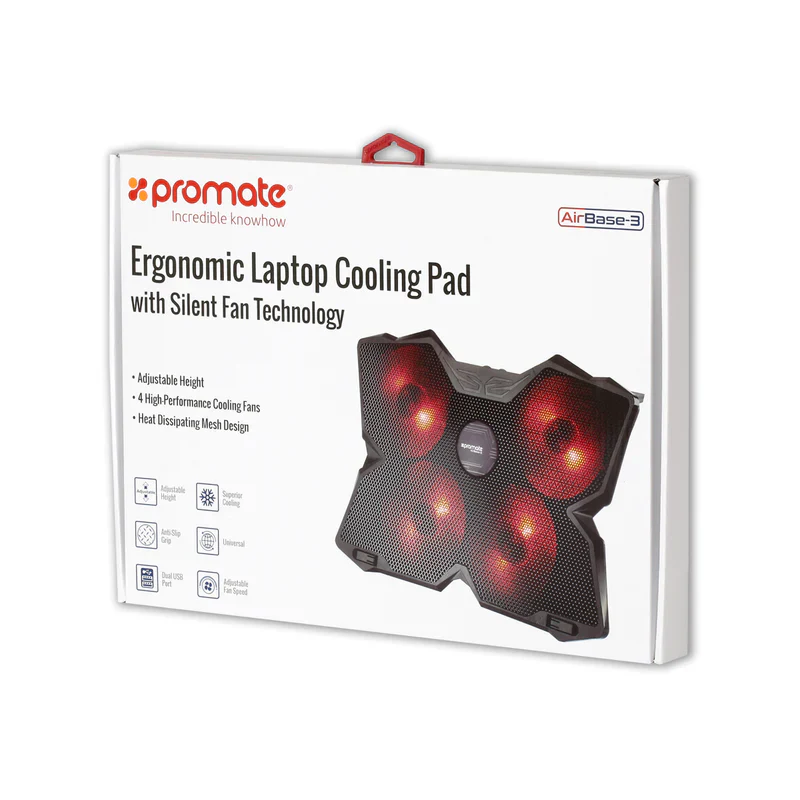 Promate AirBase 3 Ergonomic Laptop Cooling Pad with Silent Fan Technology - Image 2