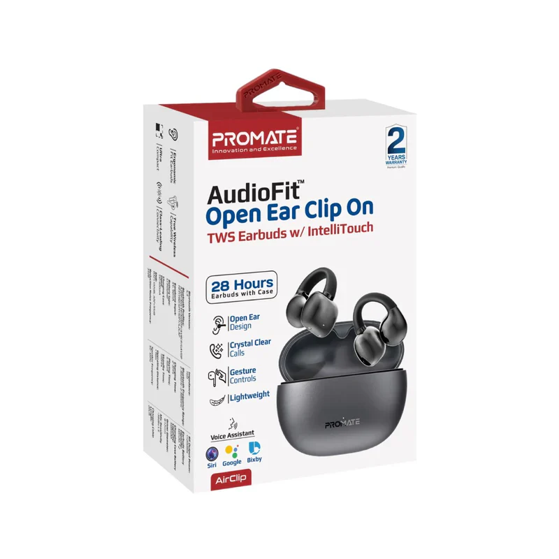 Promate AirClip AudioFit Open Ear Clip On TWS Earbuds w/ IntelliTouch - Black