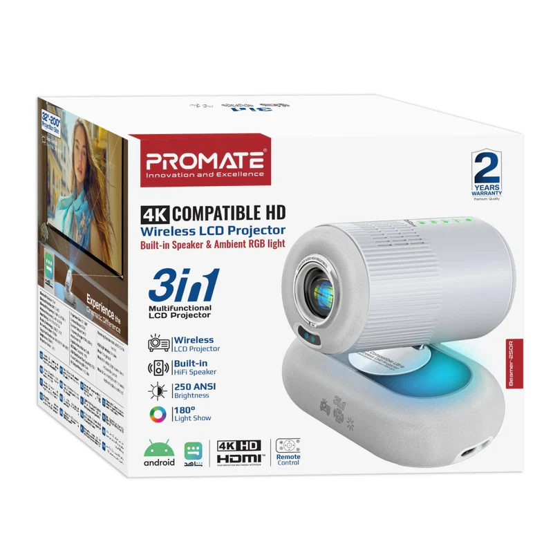 Promate Beamer-250R 4K Compatible HD Wireless LCD Projector with Built-In Speaker & Ambient RGB light - White