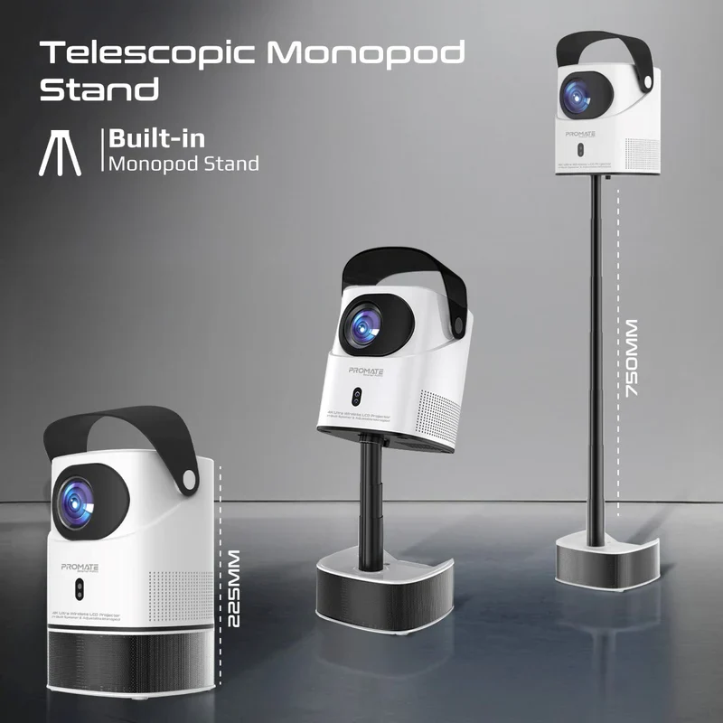 Promate Beamer-A250 4K Ultra HD Wireless LCD Projector with Built-In Speaker & Monopod Stand - Image 3