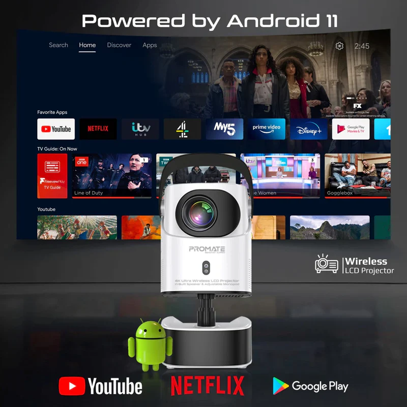 Promate Beamer-A250 4K Ultra HD Wireless LCD Projector with Built-In Speaker & Monopod Stand - Image 4