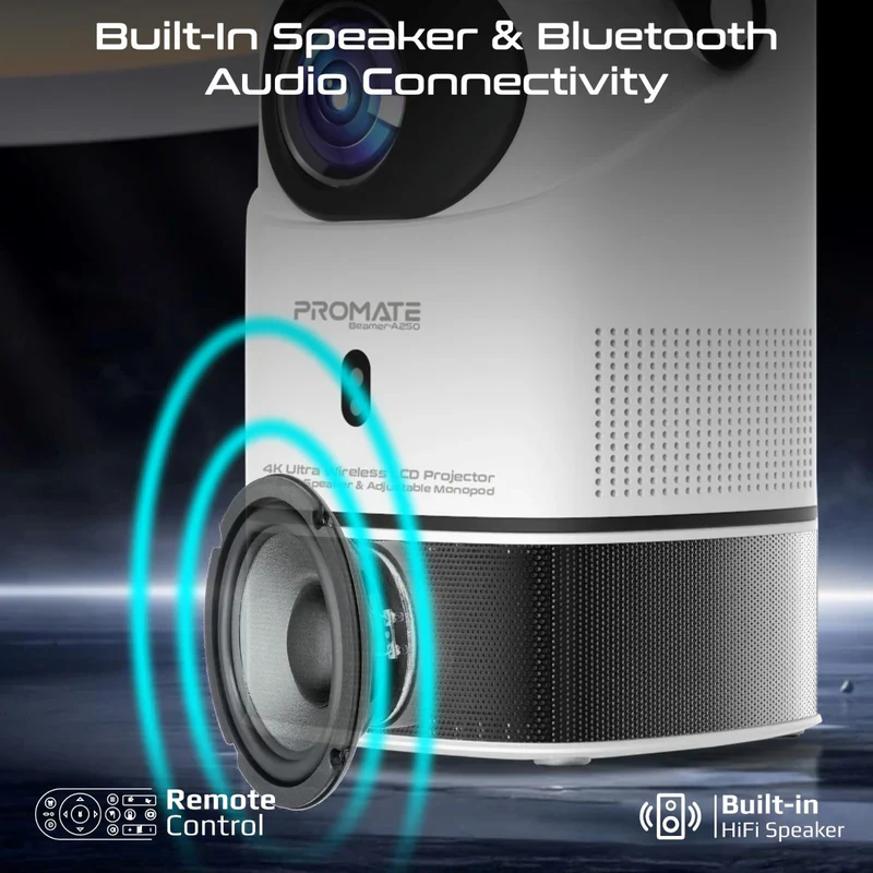 Promate Beamer-A250 4K Ultra HD Wireless LCD Projector with Built-In Speaker & Monopod Stand - Image 5