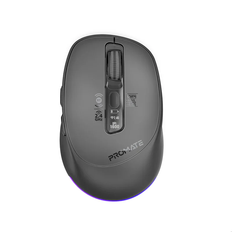 Promate Blix-3M Silent-Click 1600DPI Triple-Mode Rechargeable Mouse w/ Multi-Device Connectivity - Black - Image 2