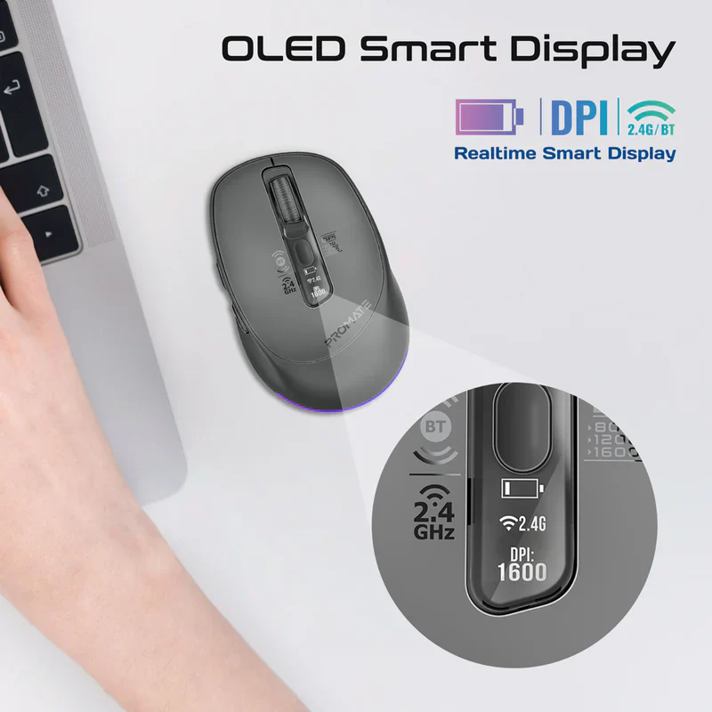 Promate Blix-3M Silent-Click 1600DPI Triple-Mode Rechargeable Mouse w/ Multi-Device Connectivity - Black - Image 4