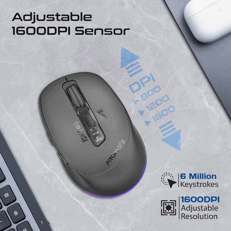 Promate Blix-3M Silent-Click 1600DPI Triple-Mode Rechargeable Mouse w/ Multi-Device Connectivity - Black - Image 6
