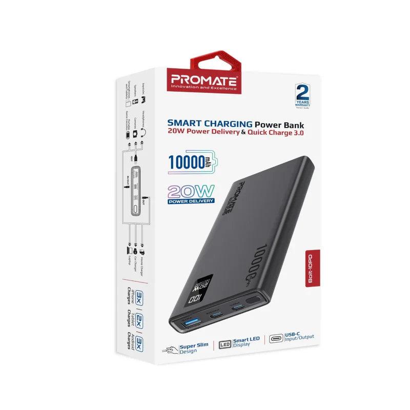 Promate BOLT-10PD Compact Smart Charging Power Bank with 20W PD Dual USB-C and 22.5W USB-A Ports - Black