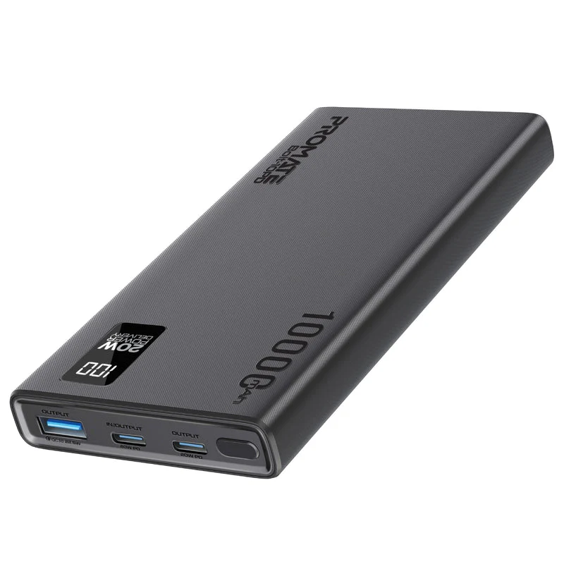 Promate BOLT-10PD Compact Smart Charging Power Bank with 20W PD Dual USB-C and 22.5W USB-A Ports - Black - Image 2