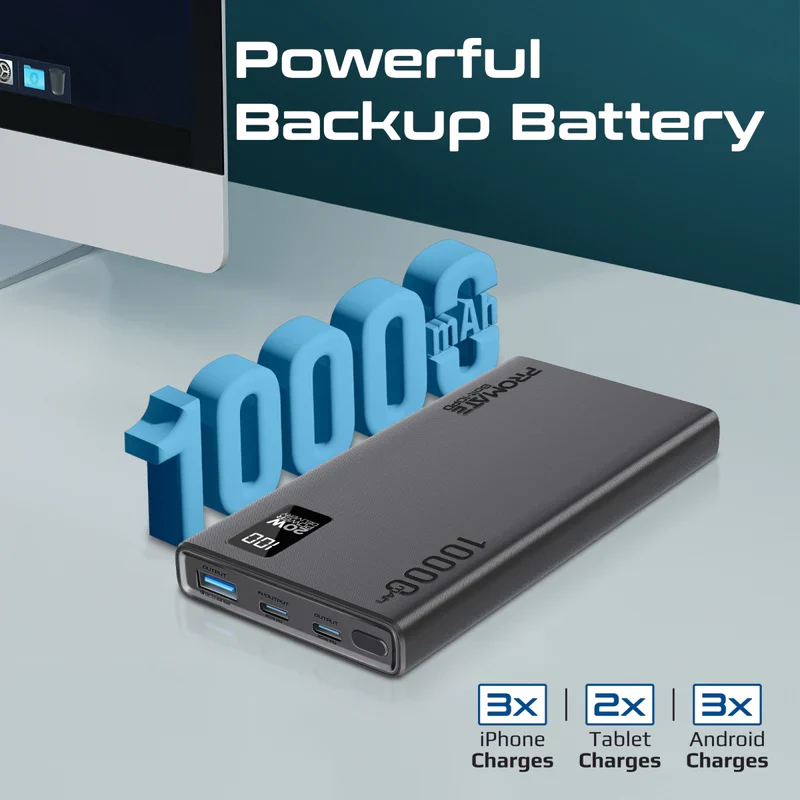 Promate BOLT-10PD Compact Smart Charging Power Bank with 20W PD Dual USB-C and 22.5W USB-A Ports - Black - Image 3