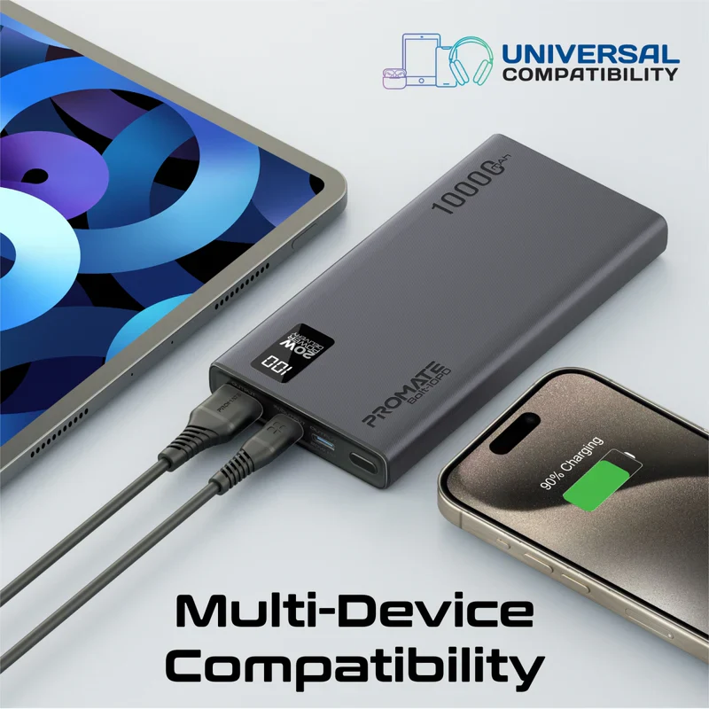 Promate BOLT-10PD Compact Smart Charging Power Bank with 20W PD Dual USB-C and 22.5W USB-A Ports - Black - Image 4