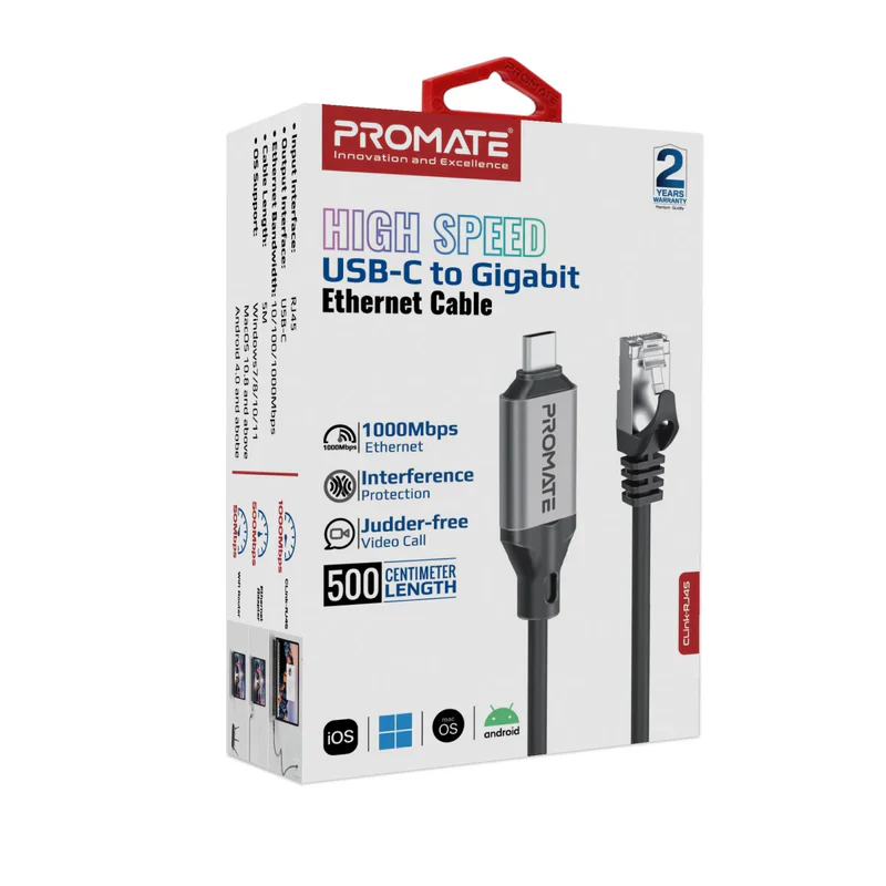 Promate Clink-RJ45 Ultra-Fast Ethernet to USB-C Adapter Cable 