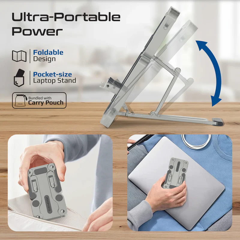 Promate FoldiX Compact Multi-Level Folding Laptop Stand w/ Anti-Slip Design - Grey - Image 3