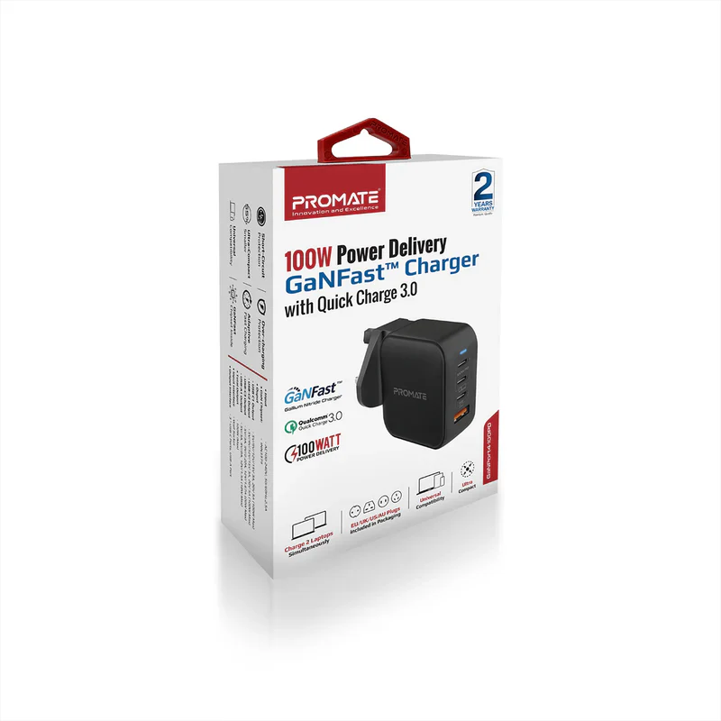 Promate GANPORT4-100PD 100W Power Delivery GaNFast™ Charger with Quick Charge 3.0 - Black - Image 2