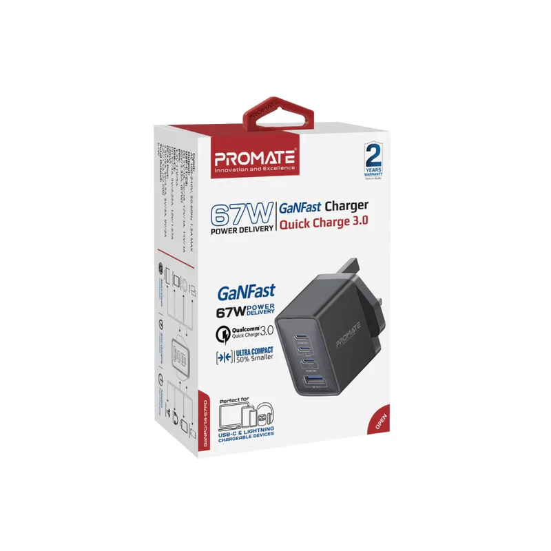 Promate GaNPort4-67PD 67W Power Delivery GaNFast Charger with Quick Charge 3.0 - Black - Image 2
