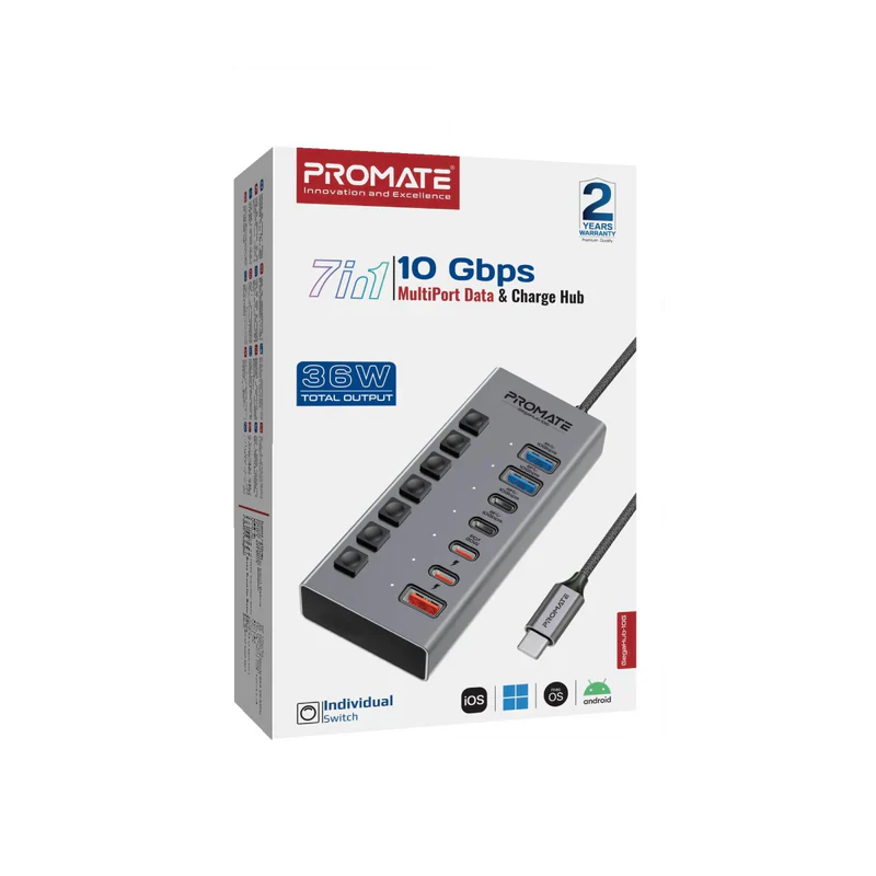 Promate GegaHub-10G 7-in-1 High Speed Multi-Ports 10Gbps Data & Charging Hub EU - Image 2