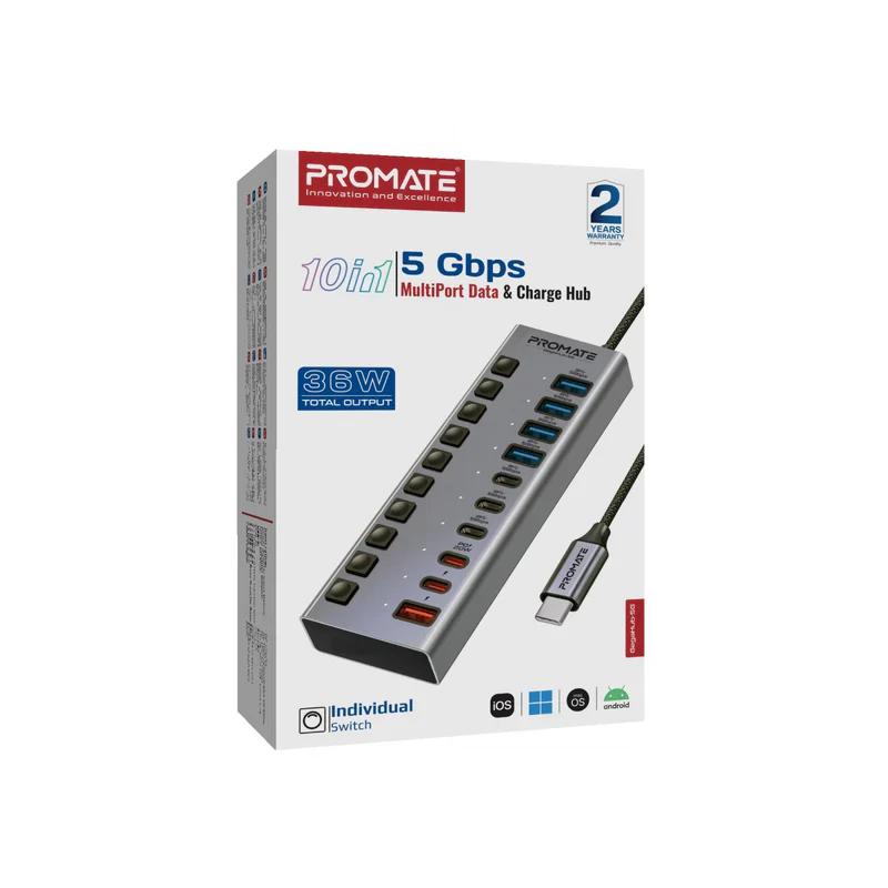 Promate GegaHub-5G 7-in-1 High Speed Multi-Ports 10Gbps Data & Charging Hub - Image 2