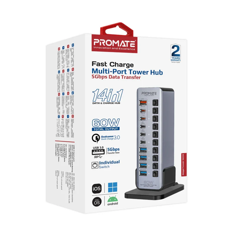 Promate GegaTower-60W Fast Charge Multi-port USB-C Tower Hub with 5Gbps Data Transfer - Image 2