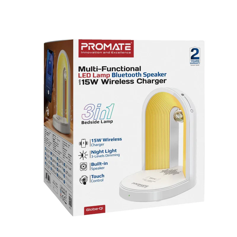 Promate Globe Qi Multi-Functional LED Lamp Bluetooth Speaker with 15W Wireless Charger - Image 2