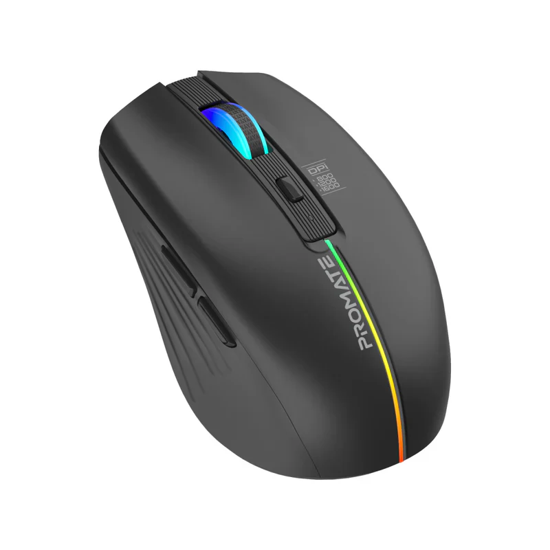 Promate KITT 2.4GHz Wireless Ergonomic Optical Mouse with LED Rainbow Lights - Black - Image 2