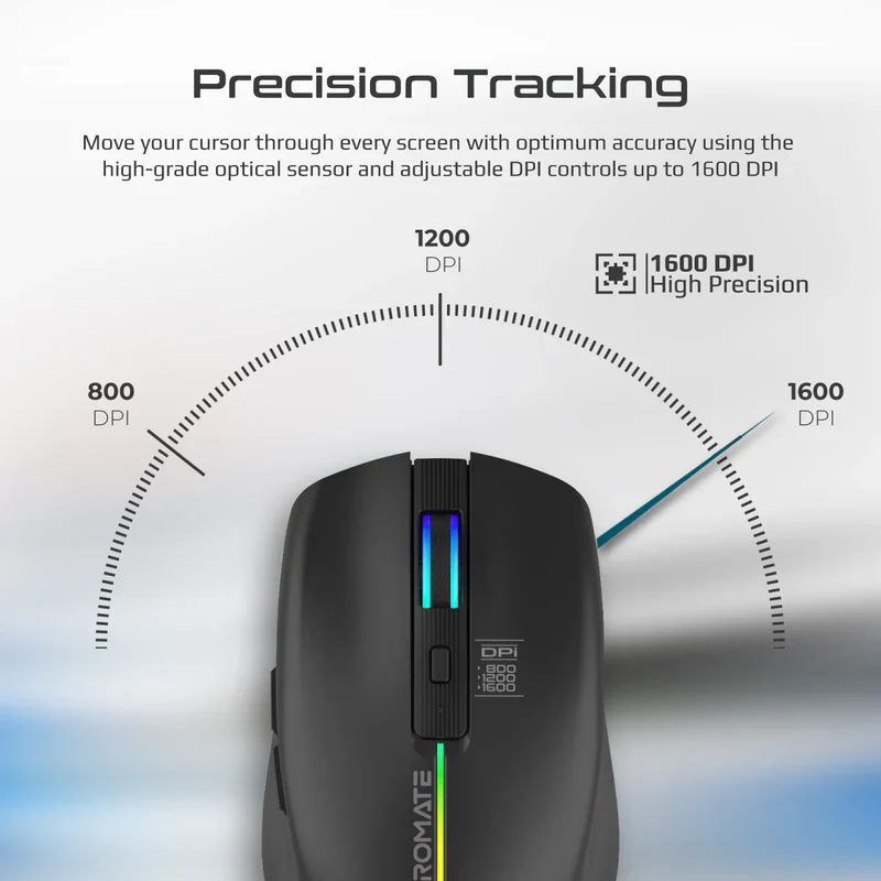 Promate KITT 2.4GHz Wireless Ergonomic Optical Mouse with LED Rainbow Lights - Black - Image 3