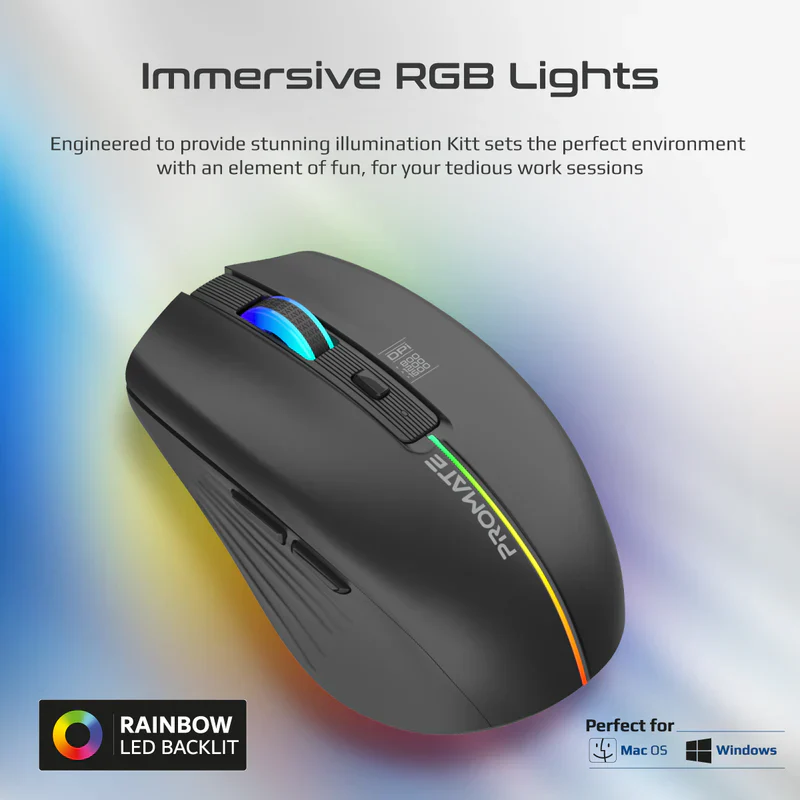 Promate KITT 2.4GHz Wireless Ergonomic Optical Mouse with LED Rainbow Lights - Black - Image 4