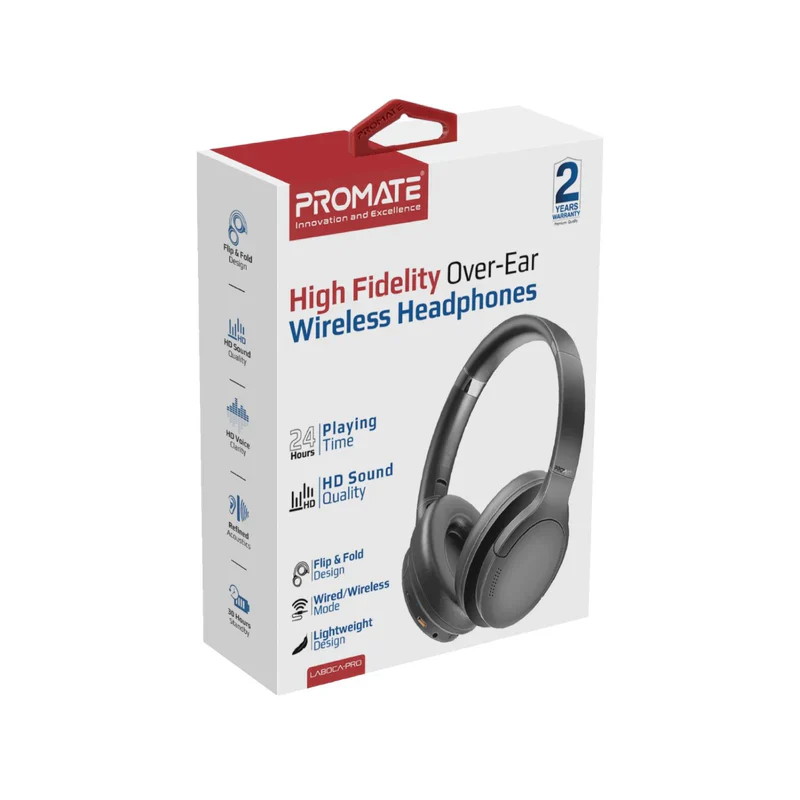 Promate Laboca Pro High Fidelity Over-Ear Wireless Headphones - Black - Image 2