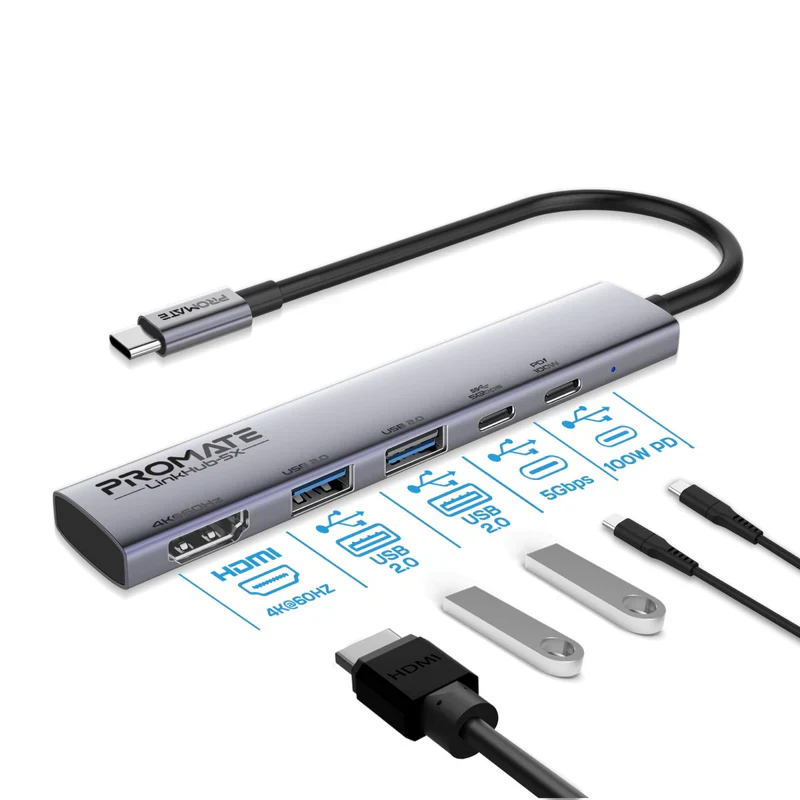 Promate LinkHub-5X 4K@60Hz Multi-function High-Speed USB-C Hub with 100W PD - Image 2