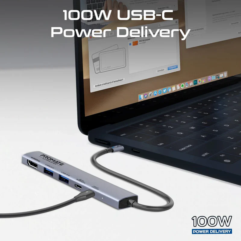 Promate LinkHub-5X 4K@60Hz Multi-function High-Speed USB-C Hub with 100W PD - Image 3