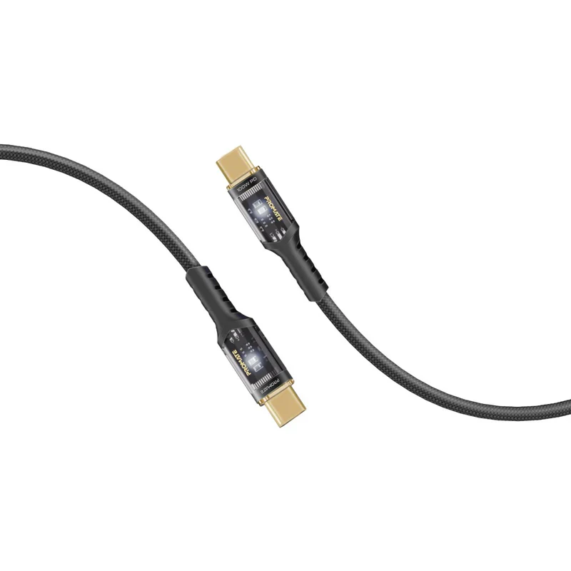 Promate LucidLine-CC120 USB-C™ to USB-C™ Cable Fast-Charging 100W with Transparent Tips LED 480Mbps - Image 5