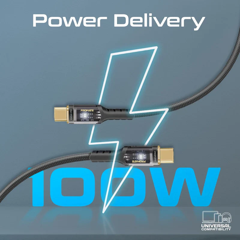Promate LucidLine-CC200 High Tensile Transparent 100W Power Delivery USB-C Cable with LED Light - Image 2