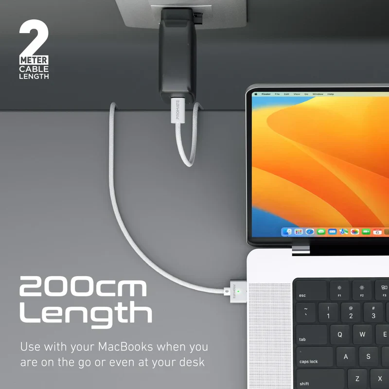 Promate MagCord-140PD MacBook Durable USB-C to MagSafe 3 Charging Cable w/ 140W Power Delivery 2M Nylon Braided - Image 5