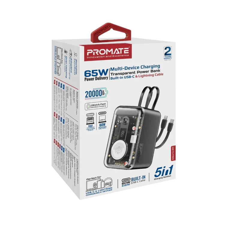 Promate Mavrix-20 65W Multi-Device Charging Transparent Power Bank with Built-In USB-C & Lightning Cable - Image 2