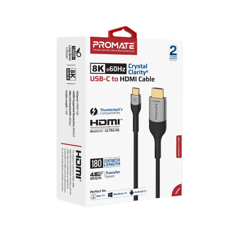 Promate MEDIACORD-8K 8K CrystalClarity USB-C to HDMIĀ® Cable