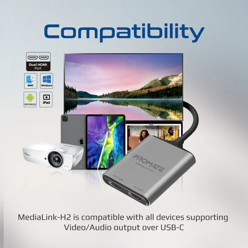 Promate MediaLink-H2 USB-C to Dual HDMI Adapter 4K HDR Thunderbolt 4 - Image 3
