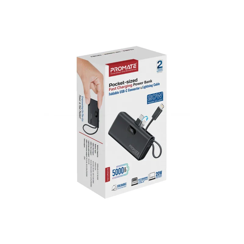 Promate NanoPack-5 Pocket-Sized, Fast Charging Power Bank with Foldable USB-C Connector and Lightning Cable - Black - Image 2