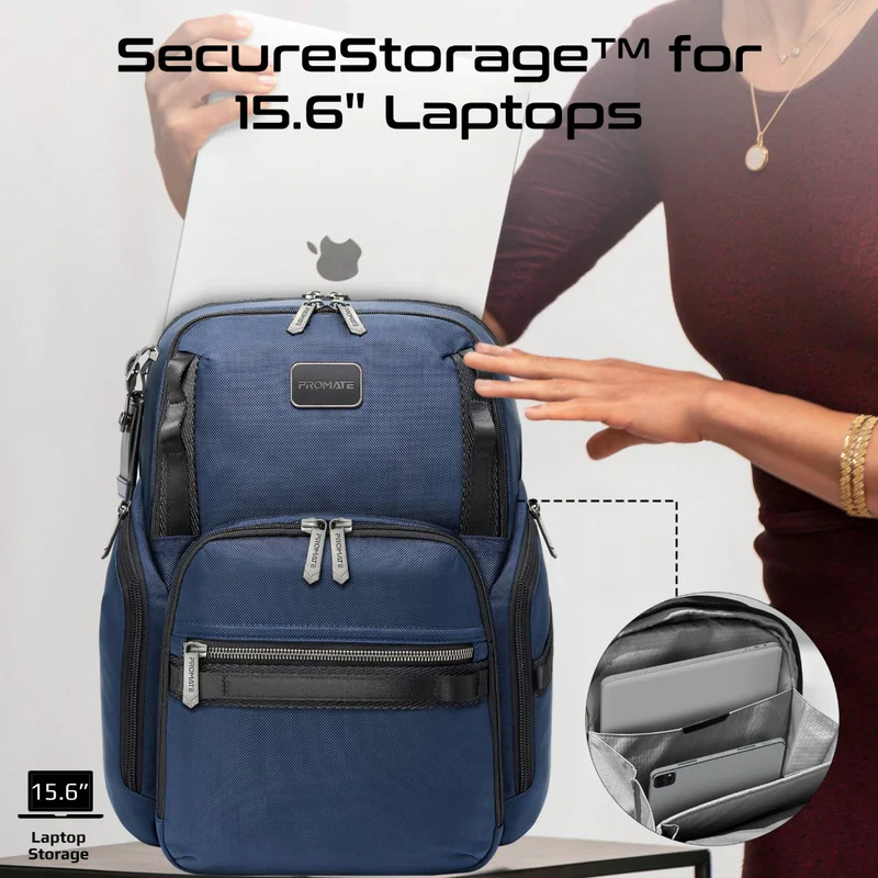Promate ORACLE-BP SecureStorage 15.6" Laptop Backpack with Multiple Compartments - Blue - Image 2