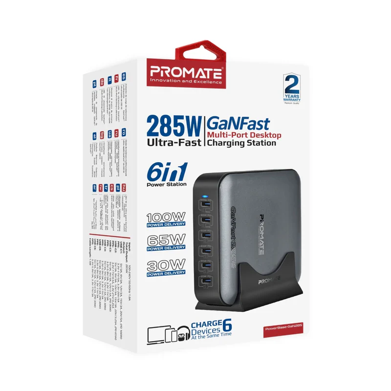 Promate PowerBase-GaN285 285W Ultra-Fast GanFast Multi-Port Desktop Charging Station