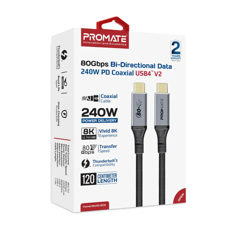 Promate PowerBolt5-80G High-Speed 80Gbps USB4⢠Cable with 240W PD Support - Black