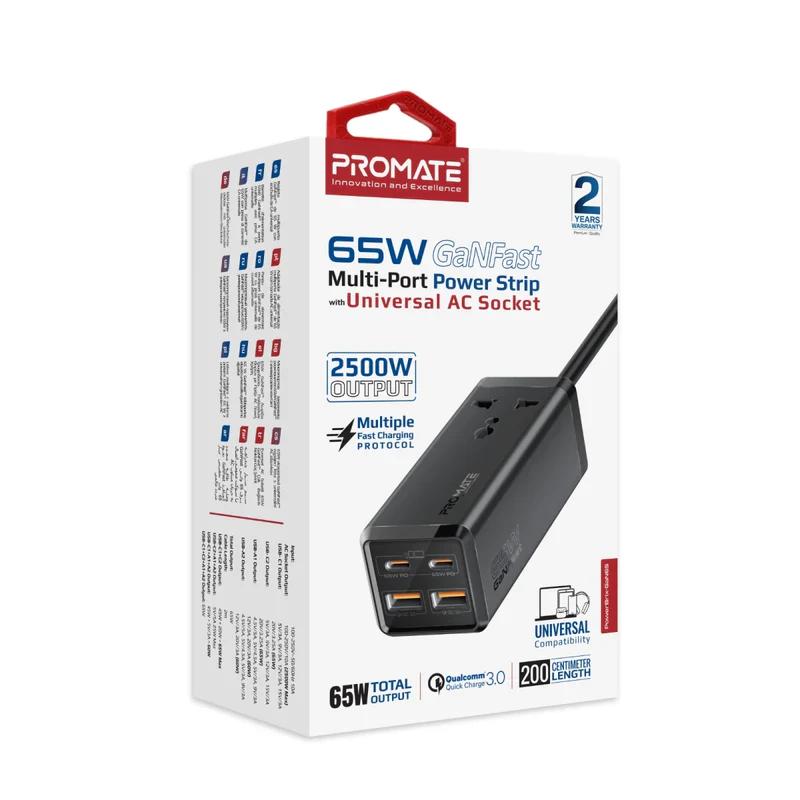 Promate PowerBrix-GaN65 65W GaNFast Multi-Port Power Strip with Universal AC Socket - Image 2