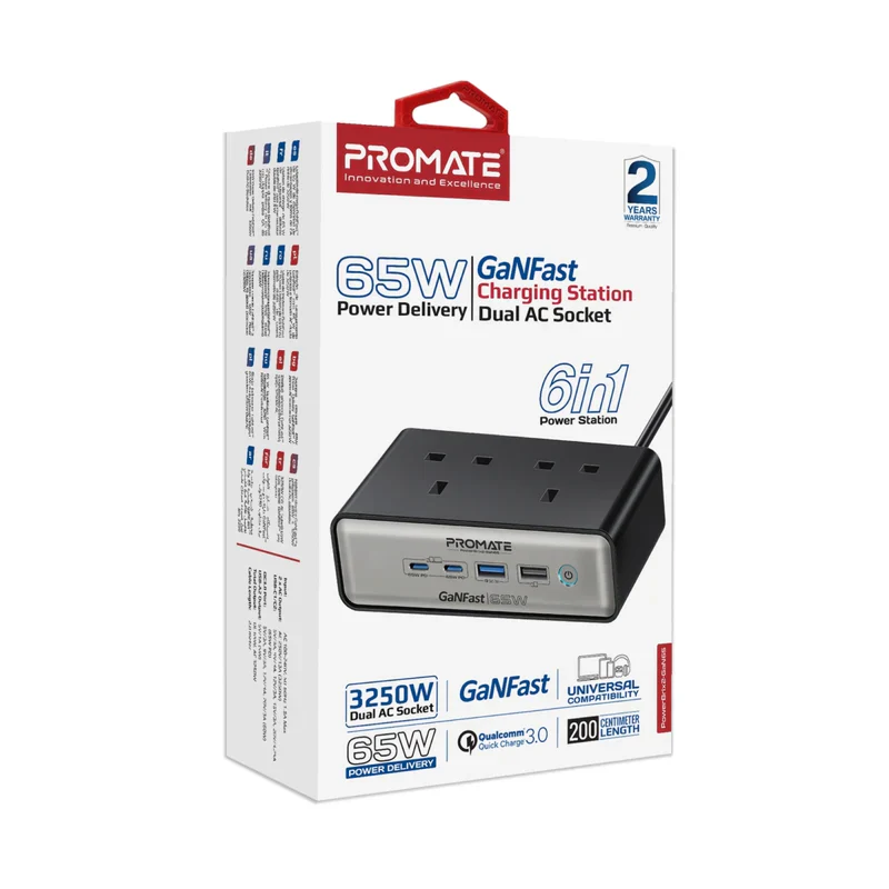 Promate PowerBrix2-GaN65 65W Power Delivery GaNFast Charging Station with 3250W Dual AC Socket - Image 2
