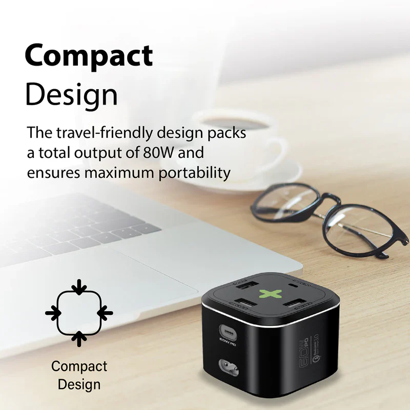 Promate PowerCube-PD80 USB-C Charging Station Multi-Port 60W/20W Dual USB-C 2.4A Dual USB & Quick Charge 3.0 Ports - Image 3