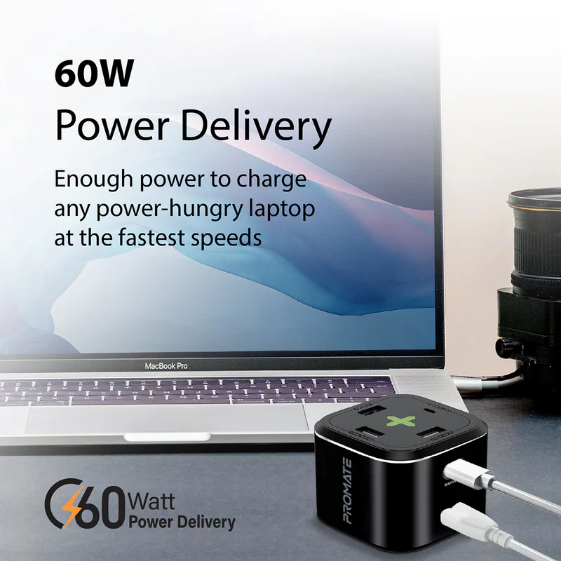Promate PowerCube-PD80 USB-C Charging Station Multi-Port 60W/20W Dual USB-C 2.4A Dual USB & Quick Charge 3.0 Ports - Image 4