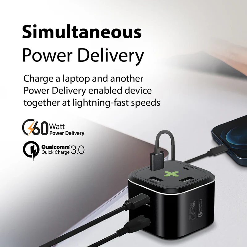 Promate PowerCube-PD80 USB-C Charging Station Multi-Port 60W/20W Dual USB-C 2.4A Dual USB & Quick Charge 3.0 Ports - Image 5