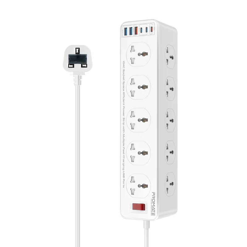 Promate PowerMatrix2-5M 10AC Socket Space Efficient Power Strip with Multiple Fast Charging USB Ports - Image 2
