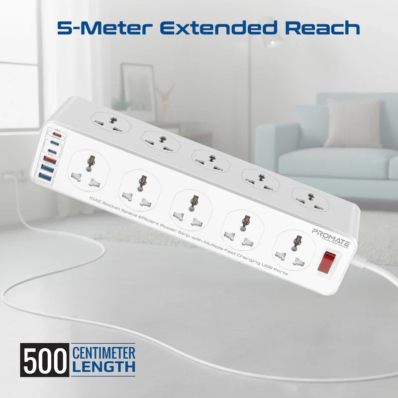 Promate PowerMatrix2-5M 10AC Socket Space Efficient Power Strip with Multiple Fast Charging USB Ports - Image 3