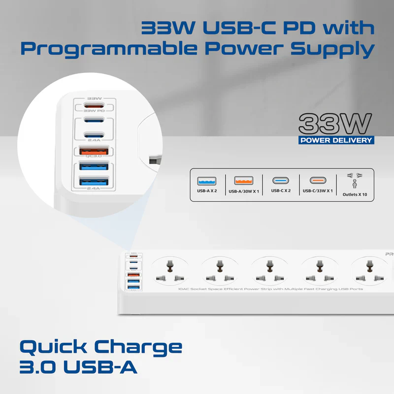 Promate PowerMatrix2-5M 10AC Socket Space Efficient Power Strip with Multiple Fast Charging USB Ports - Image 4